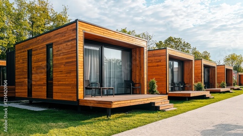Modern Minimalist Cabins: A row of sleek, modern cabins with wooden exteriors and expansive windows stand in a picturesque setting, offering a tranquil escape into nature.  