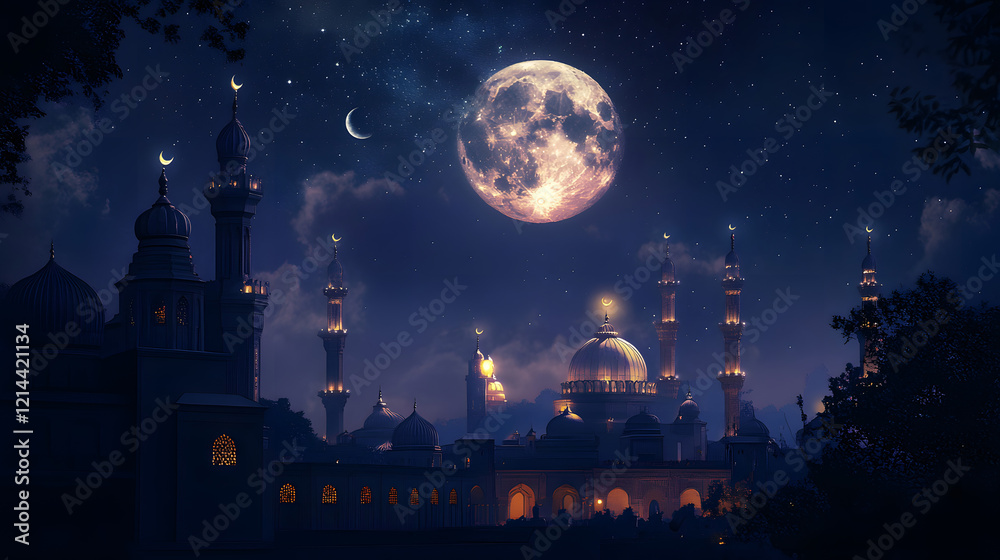 Fototapeta premium ramadan Kareem, Ramadan crescent moon with Mosque
