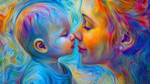 Abstract painting of a mother and baby sharing a tender moment.