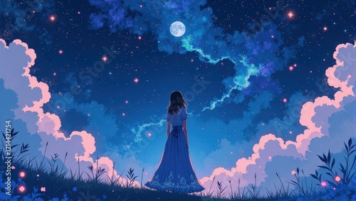 A girl in a blue dress stands on a verdant hill, gazing at a starlit deep blue sky. The crescent moon glows softly in the upper right photo