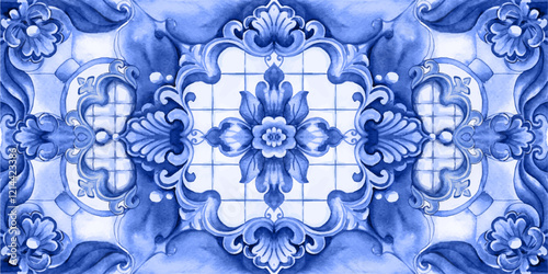 Vector decorative pattern blue and white design with frame or border. Baroque Vector mosaic. Traced watercolo. Capri Majolica