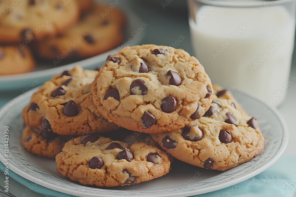 A plate of homemade chocolate chip cookies with a glass of milk, symbolizing nostalgia and sweetness A plate of homemade chocolate chip cookies with a glass of milk, symbolizing nostalgia and sweetness