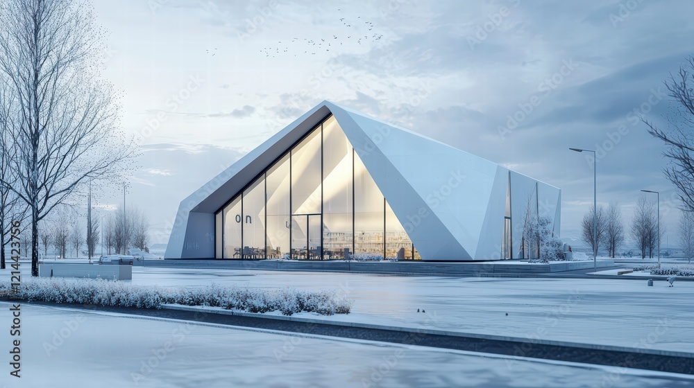 Modern Architectural Gem: A sleek, futuristic building with a striking triangular design stands tall against a backdrop of a snowy landscape. Modern Architectural Gem: A sleek, futuristic building with a striking triangular design stands tall against a backdrop of a snowy landscape.