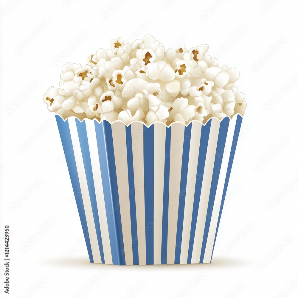 A realistic illustration of a striped popcorn box overflowing with fluffy white popcorn, set against a clean white background, showcasing sharp details and natural texture.