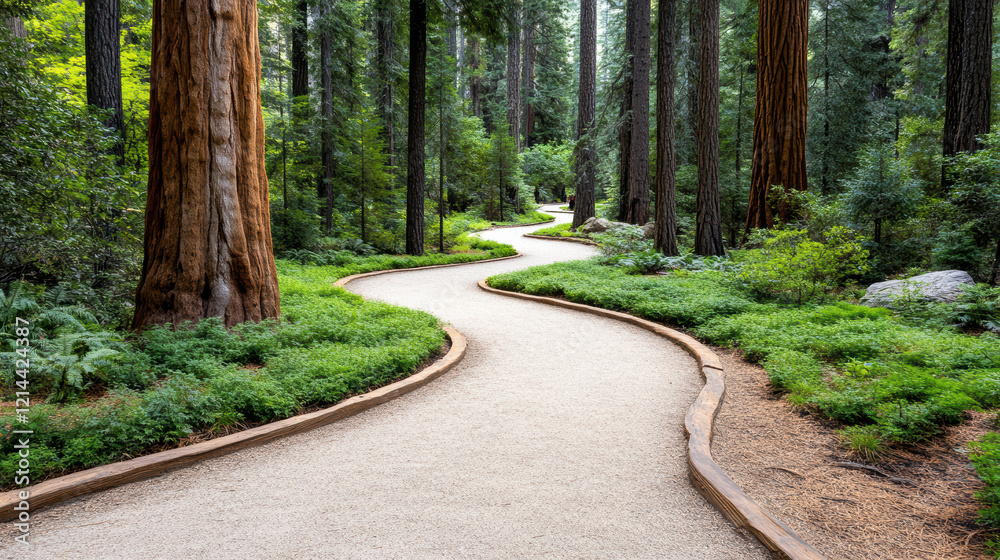 Fototapeta premium Winding path through lush Sequoia forest, inviting exploration and tranquility