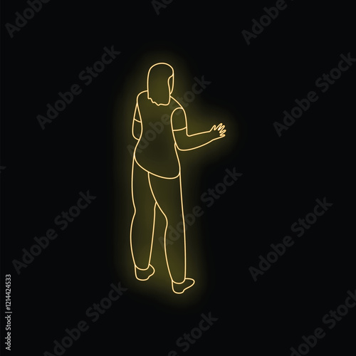 Neon sign of a woman gesturing with her hand, viewed from behind on a black background