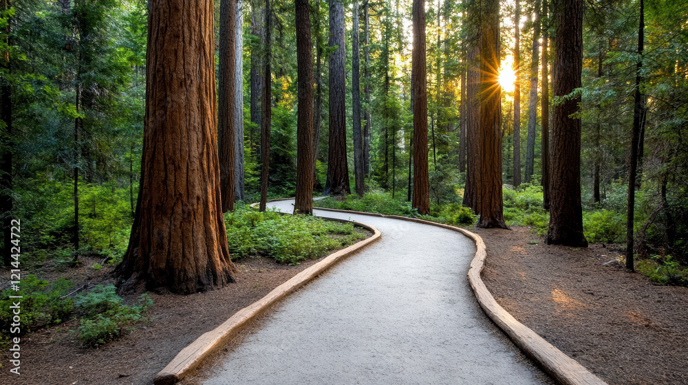 Obraz premium winding path through serene sequoia forest at sunset