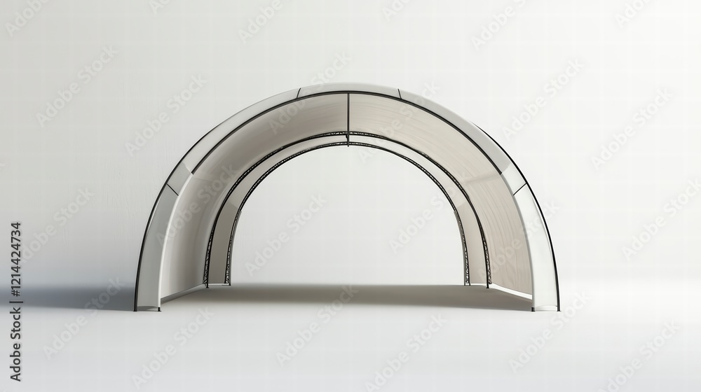 Arched Structure: A minimalist rendering of a sleek and modern arched structure,  composed of interconnected metal framing, showcasing its streamlined design against a clean backdrop.  
