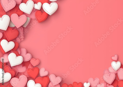 Heart shaped pastel designs frame pink background, evoking love and warmth