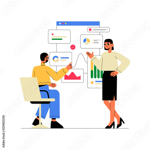 Data Presentation With Male Analyst And Female Presenter Symbolizing Business Analytics And Collaboration, Flat Vector Illustration Isolated On White Background