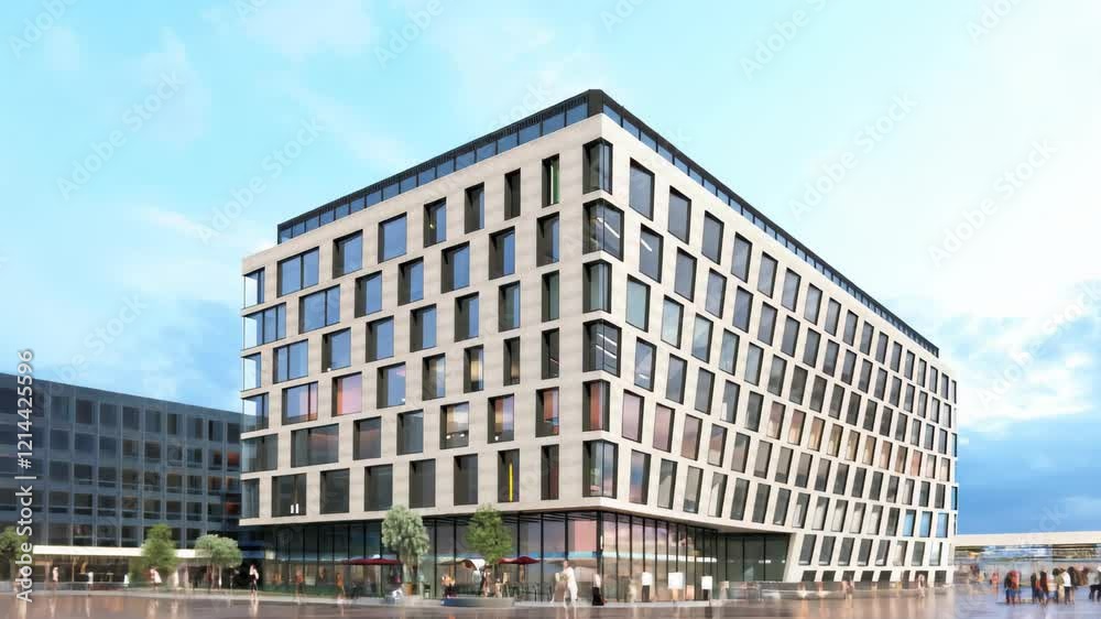 Animation Architecture of modern office building, business center on open area made of glass and concrete