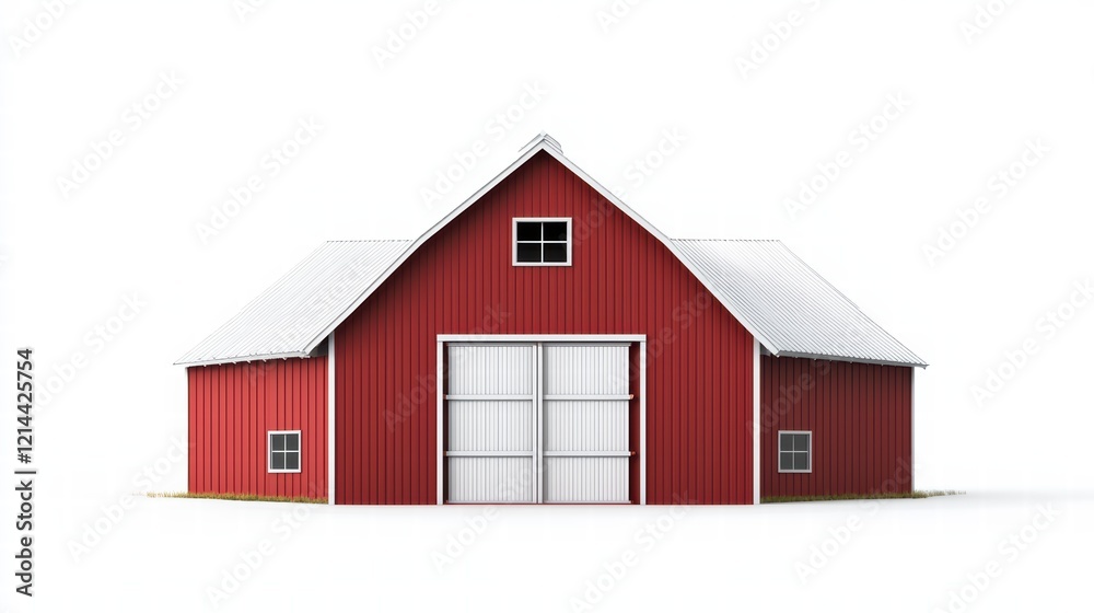 Red Barn with White Trim: A classic red barn with white trim and double doors stands tall against a bright, clear sky, symbolizing rustic charm and rural simplicity. Red Barn with White Trim: A classic red barn with white trim and double doors stands tall against a bright, clear sky, symbolizing rustic charm and rural simplicity.