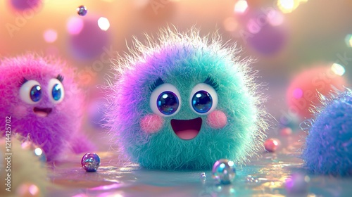 Happy fluffy creatures in colorful world.
