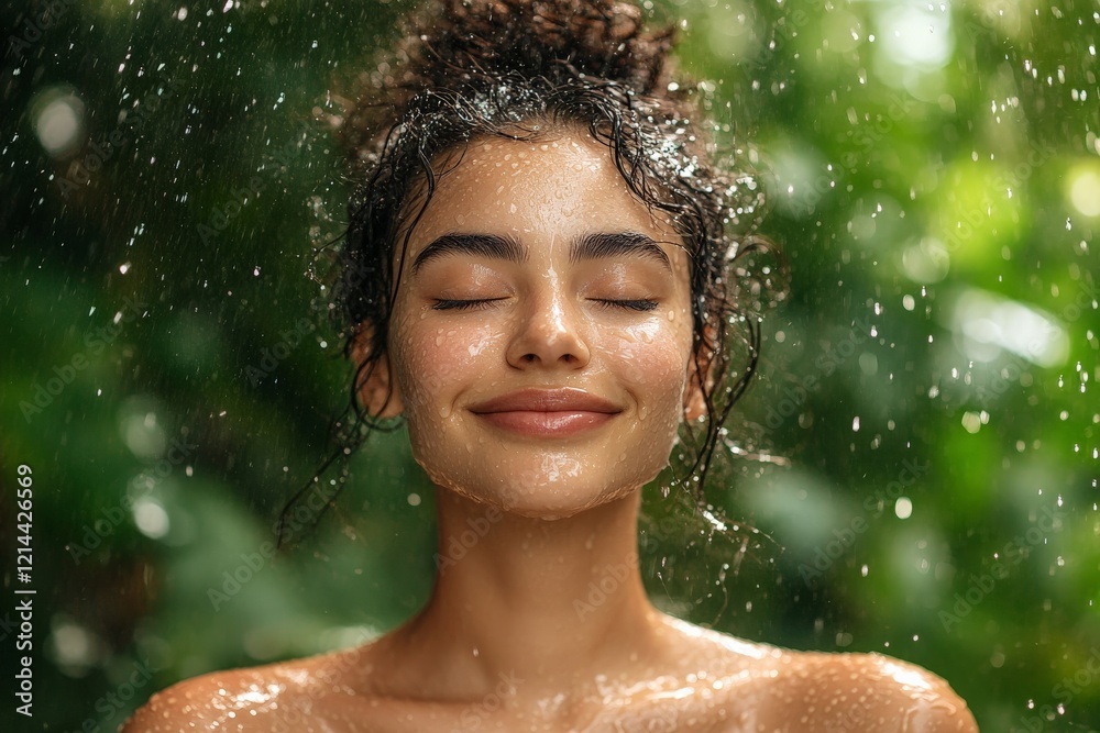 Fototapeta premium Woman enjoys refreshing rain shower in a lush green environment during a sunny day in a tropical location