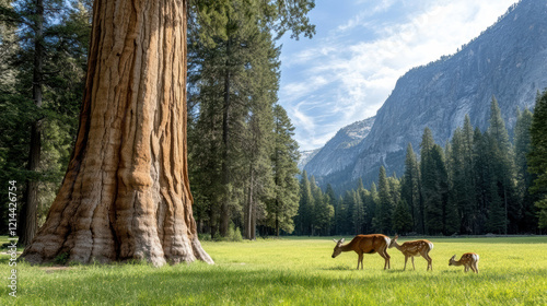 sequoia tree stands tall as family of deer grazes peacefully nearby