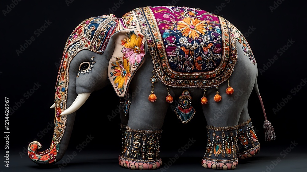 Obraz premium A plush elephant with intricate Indian embroidery and bejeweled accessories
