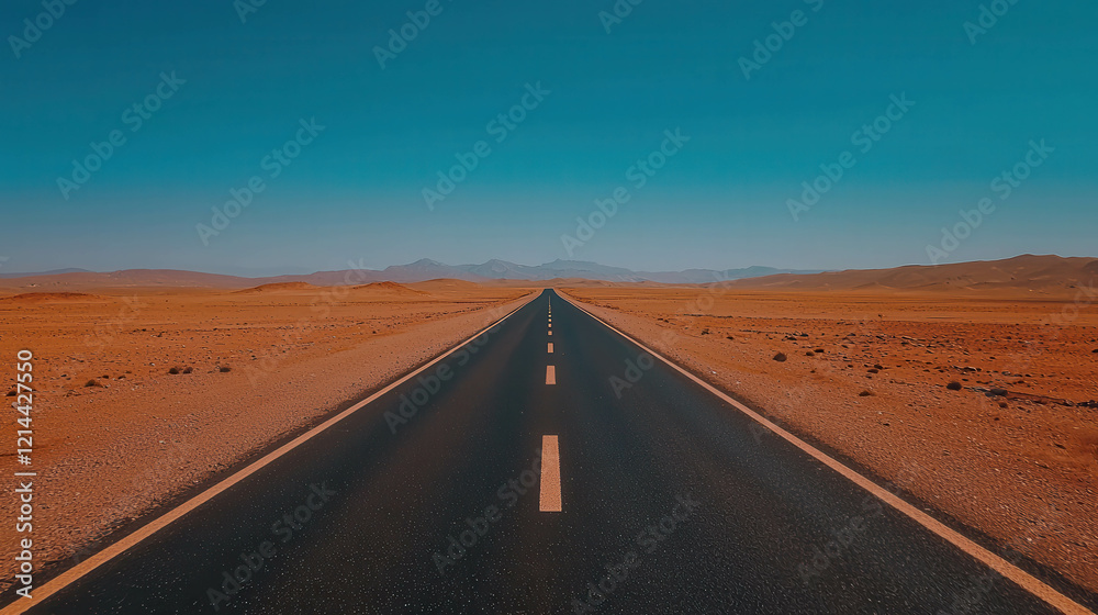 Fototapeta premium Winding Empty Highway Through Vast Barren Desert Landscape Under Clear Blue Sky