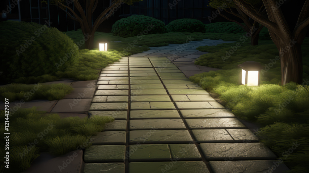 Fototapeta premium A close-up shot of a garden pathway featuring polished stone tiles