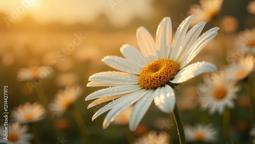 A sunlit daisy blooms amidst soft-focus petals, its golden heart vibrant against a dreamy backdrop of fellow blossoms. White and radiant under nature's gentle touch photo