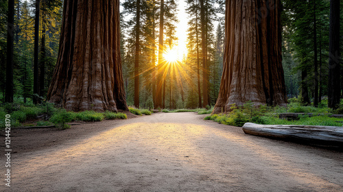 majestic sequoia forest with vibrant sunset illuminating path