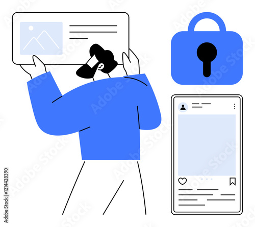 Man holding digital content card while a security lock and social media post are displayed. Ideal for cybersecurity, social media, online privacy, digital identity, content management. Minimalist