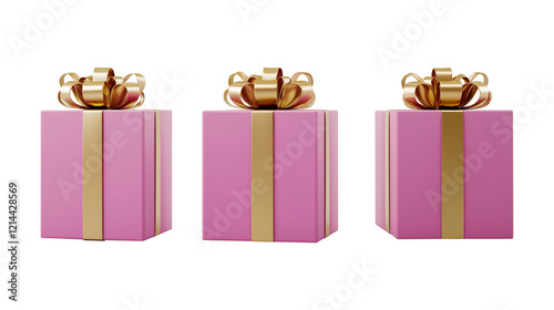 Pink gift boxes with golden ribbon bows image set isolated transparent. Feminine festive packaging cut outs photo png collection. Special occasion giftboxes cutouts elements objects