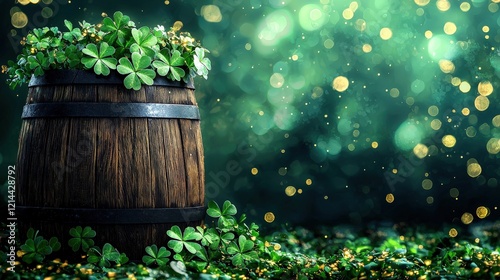 Wooden Barrel Filled with Gold Coins and Shamrocks Surrounded by Sparkling Green Background for St. Patrick's Day photo