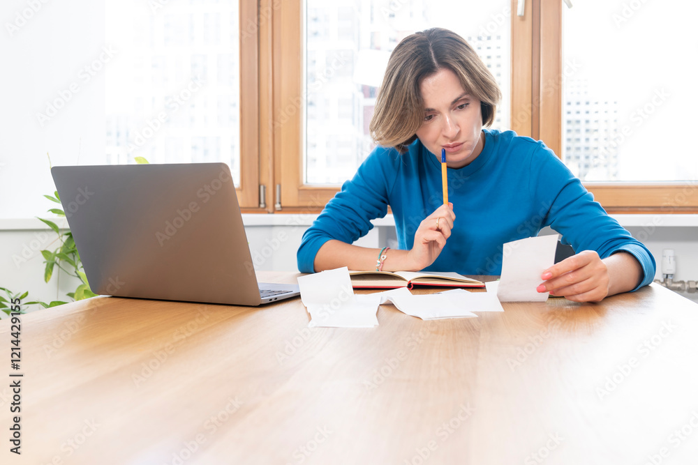 Close up of shocked woman sitting at the table, stressed and confused by calculate expense from invoice or bills, have no money to pay mortgage or loan. High prices and spending money concept Close up of shocked woman sitting at the table, stressed and confused by calculate expense from invoice or bills, have no money to pay mortgage or loan. High prices and spending money concept