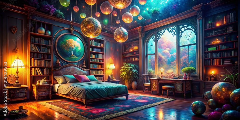 Naklejka premium Magical Fantasy Bedroom Interior: Enchanted Room Design with Floating Bookshelves and Glowing Orb