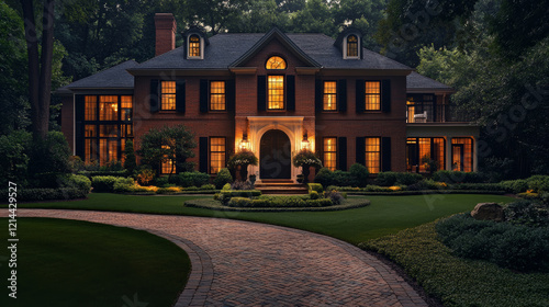 Luxurious colonial style home with large windows, surrounded by lush greenery and beautifully landscaped garden, exuding elegance and warmth at night photo