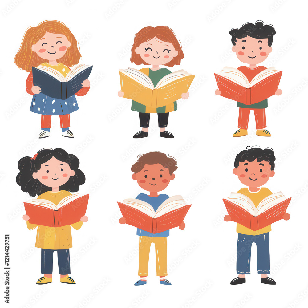 Diverse children reading books, celebrating literacy and learning together., isolated on a transparent background. Diverse children reading books, celebrating literacy and learning together., isolated on a transparent background.