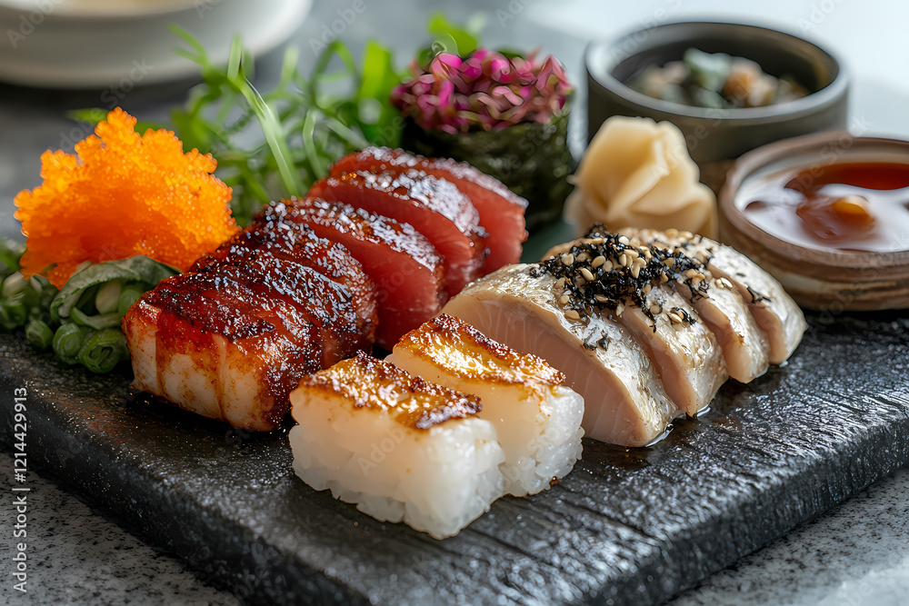A vibrant sushi platter with fresh ingredients and soy sauce, symbolizing elegance and flavor A vibrant sushi platter with fresh ingredients and soy sauce, symbolizing elegance and flavor