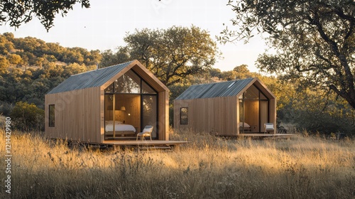 Sunset Tiny Houses: Two idyllic tiny houses nestled in a sun-drenched field, bathed in the golden light of sunset. The minimalist design and natural wood create a sense of serenity and escape. 