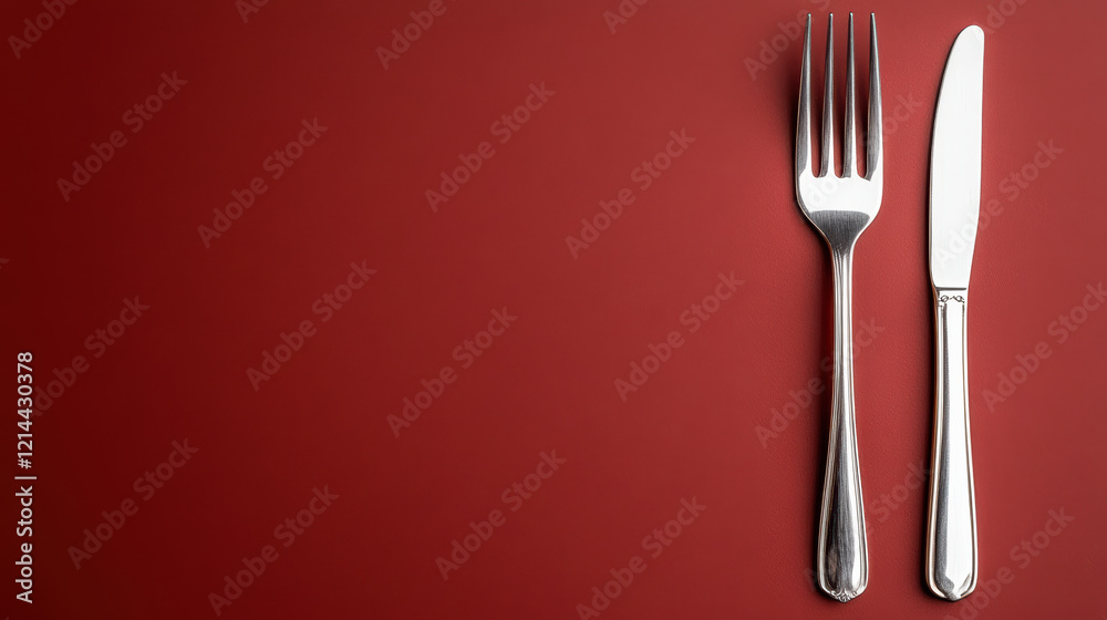 shiny silver fork and knife on rich burgundy background shiny silver fork and knife on rich burgundy background