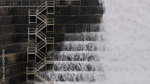 Tight view of water flowing through the Hinze Dam overflow and dam steps due to ongoing heavy rains in the Gold Coast Hinterland photo