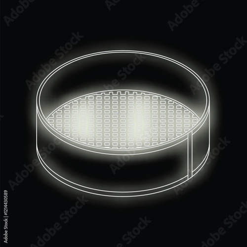 Glowing white outline of a round metal sieve on a dark background, creating a dramatic and minimalist image