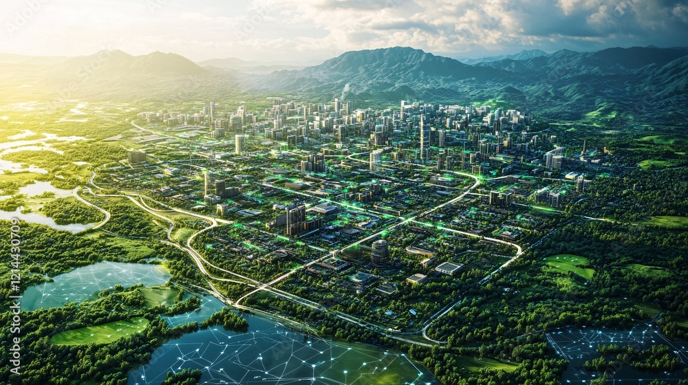 Fototapeta premium Sprawling green community with digital smart city infrastructure, smart homes, rapid data networks, and IoT concepts representing a futuristic digital society.