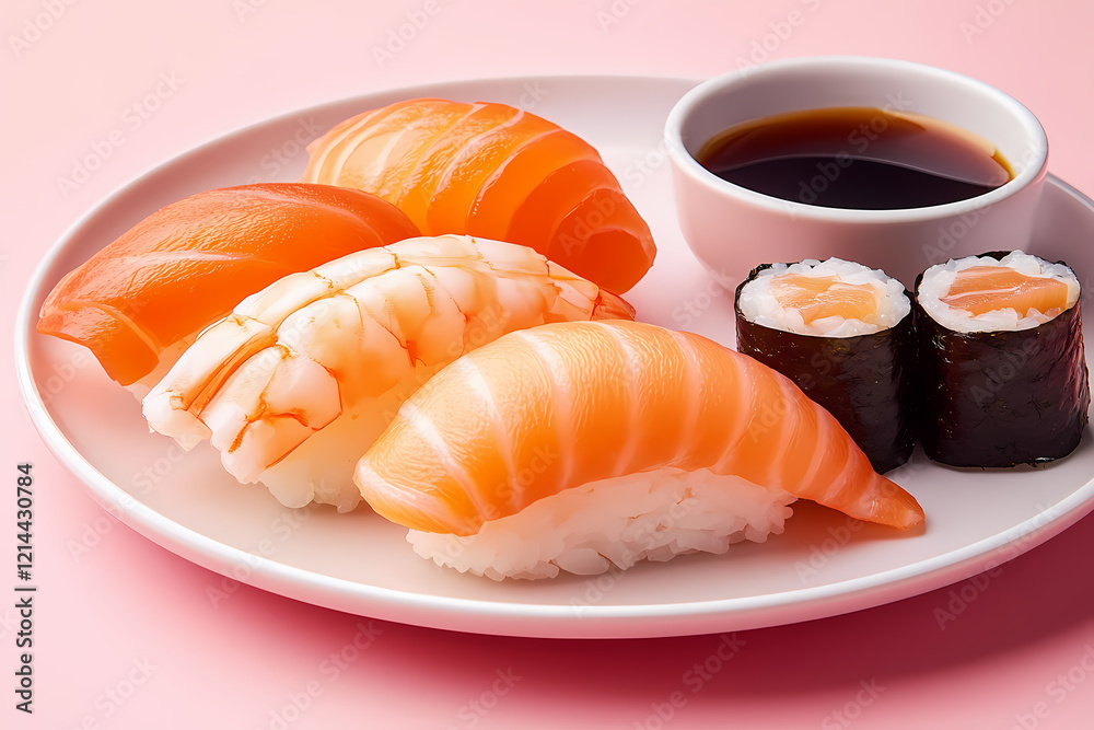 A vibrant sushi platter with fresh ingredients and soy sauce, symbolizing elegance and flavor A vibrant sushi platter with fresh ingredients and soy sauce, symbolizing elegance and flavor