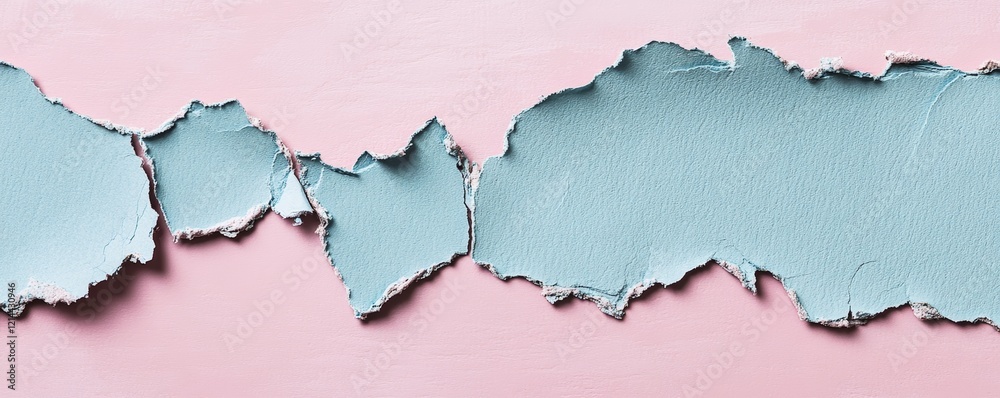 Jagged light blue paper torn, exposing soft pink backdrop with uneven edges, perfect for textural design elements Jagged light blue paper torn, exposing soft pink backdrop with uneven edges, perfect for textural design elements