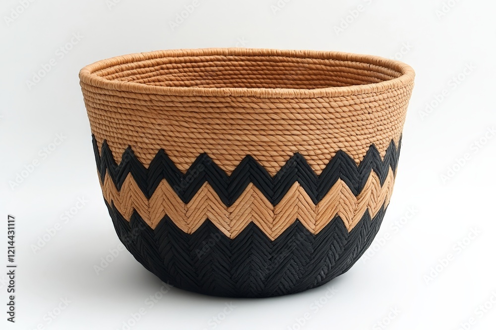 Beautiful woven basket with a zigzag pattern in natural and black colors crafted by artisans Beautiful woven basket with a zigzag pattern in natural and black colors crafted by artisans