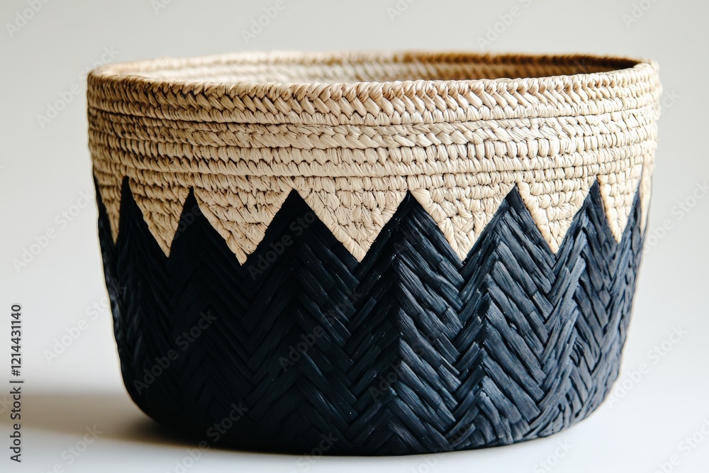 Fototapeta premium Handwoven decorative basket featuring unique black and natural patterns for home decor or storage solutions