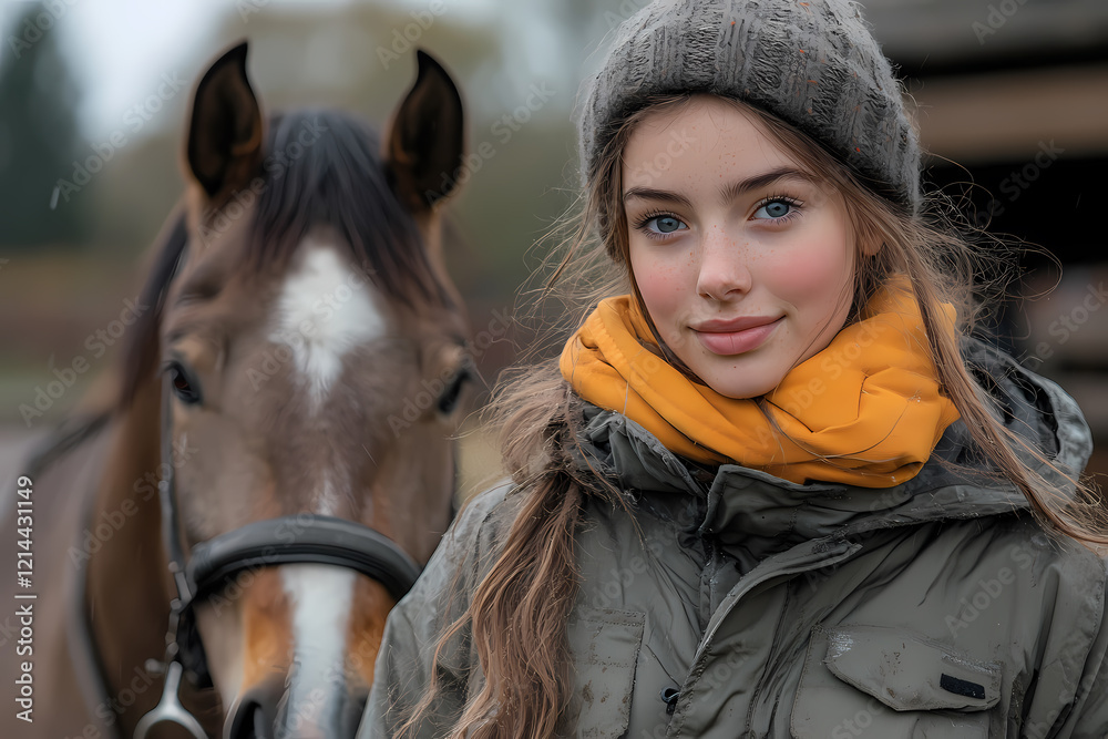 Obraz premium A young veterinarian examining a horse in a stable. An atmosphere of care and professionalism in harmony with nature
