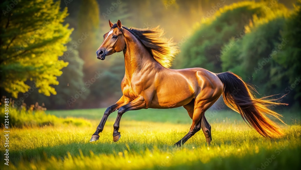 Fototapeta premium Majestic Akhal-Teke Stallion in Slow Motion, Tilt-Shift Paddock Scene