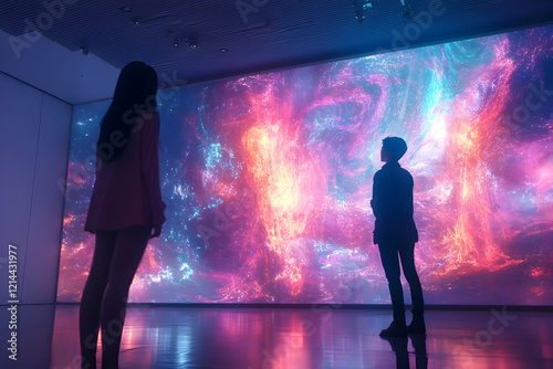 Visitors admire a vibrant digital art installation at a modern gallery during an evening exhibition in a contemporary art space photo