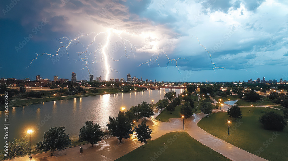 Naklejka premium stormy sky with multiple lightning strikes over city at night