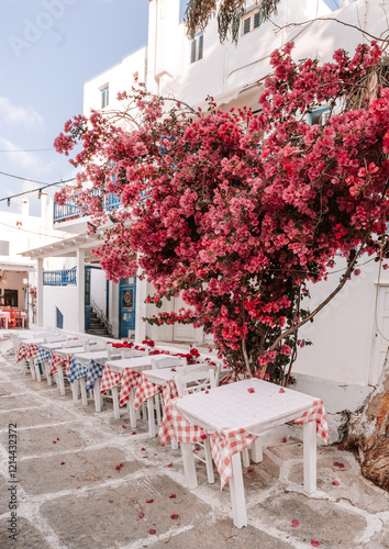 Fototapeta Naklejka Na Ścianę i Meble -  Pink Bougainvillea on a street in Mykonos, Greece