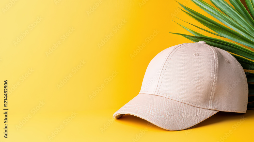 Fototapeta premium Stylish cap on vibrant yellow backdrop with tropical leaves