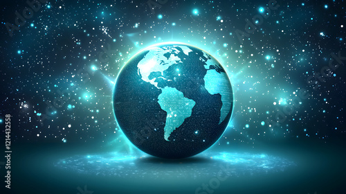 Blue earth surrounded by stars against a deep blue sky in a cosmic space scene