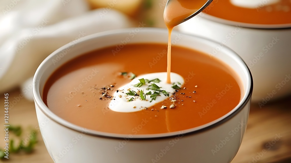 A rich bowl of lobster bisque with a drizzle of cream A rich bowl of lobster bisque with a drizzle of cream
