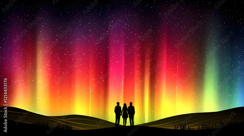 Fototapeta premium Two people standing in front of a colorful aurora borealis in a night sky filled with vibrant colors and natural beauty